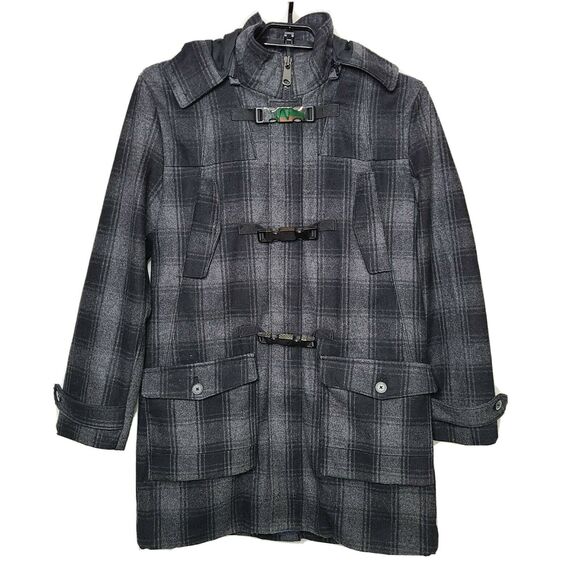 INC Pea Coat SZ L Plaid Gray Black Wool Zip Buckle - Picture 1 of 9